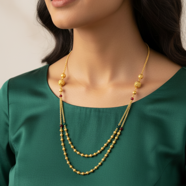 Traditional Gold-Plated Double Layer Necklace Set for Women with Decorative Beads and Colorful Accents, Stylish Fashion Jewelry