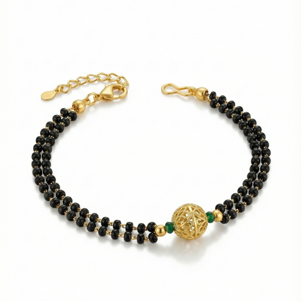Luxury Double-Strand Black Bead Bracelet with Gold Center Charm