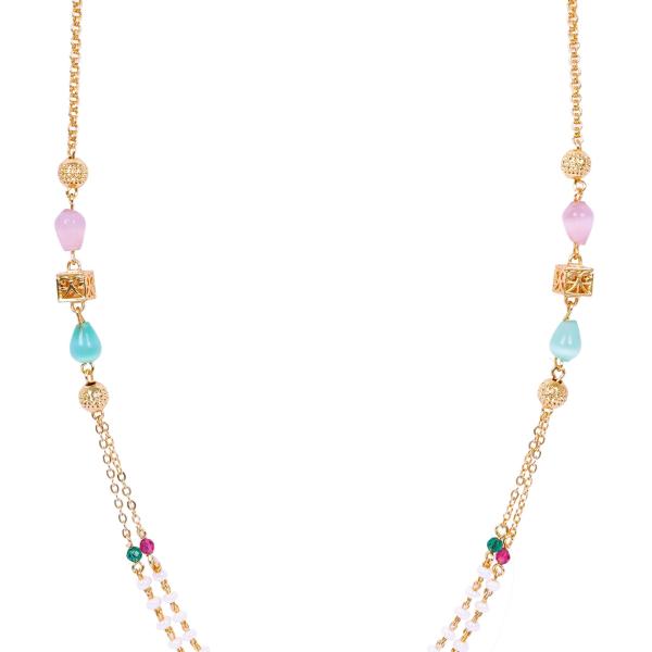 Traditional Gold-Plated Layered Necklace Set with Pink and Blue Beads, Crystal Embellishments, 45cm Chain Length, Religious Theme for Women