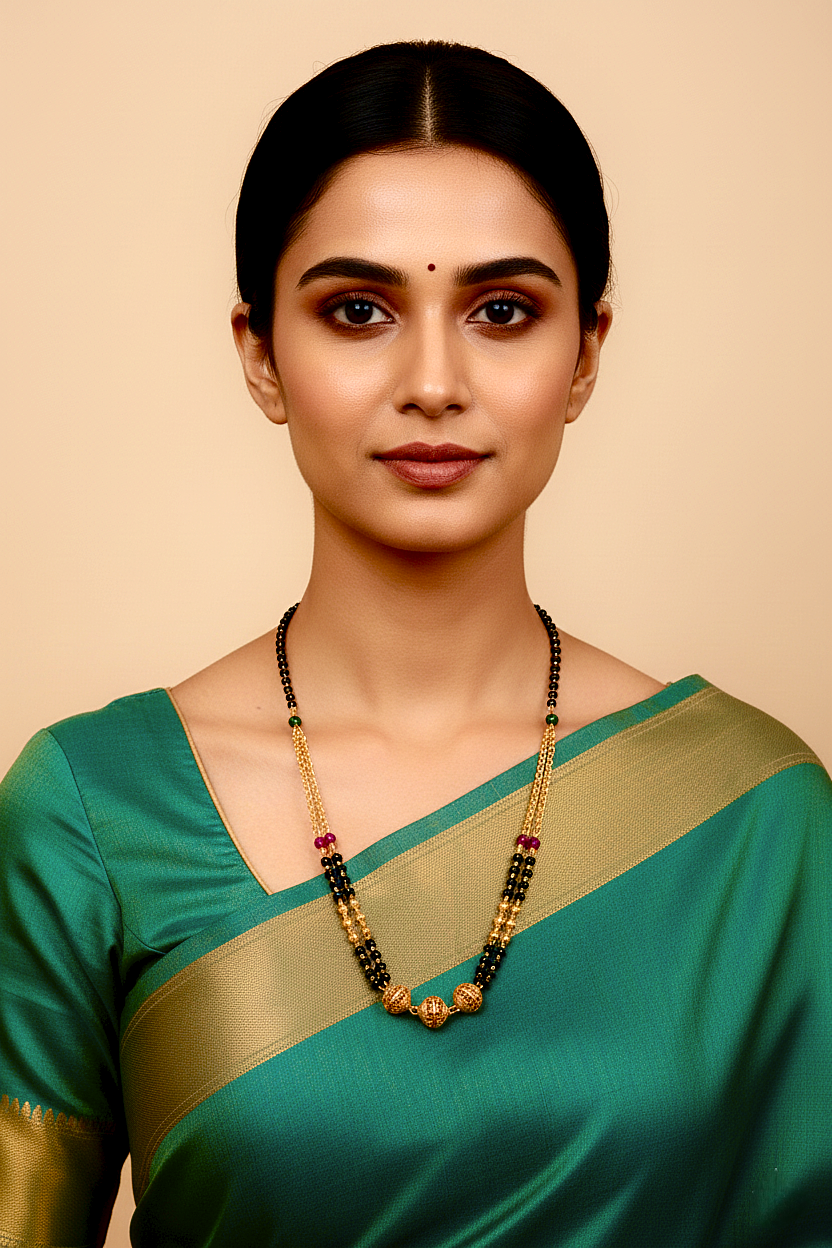 Traditional Mangalsutra Necklace, Black Beads with Gold-Plated Chain, 18 inch, Glass Beads and Decorative Pendant