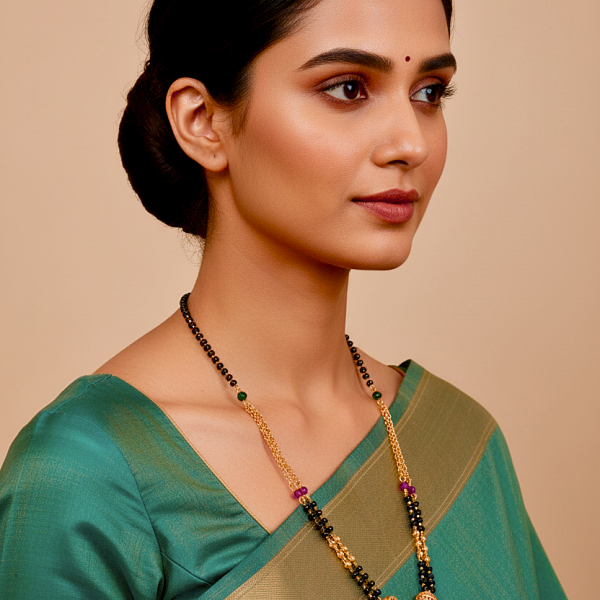 Traditional Mangalsutra Necklace, Black Beads with Gold-Plated Chain, 18 inch, Glass Beads and Decorative Pendant
