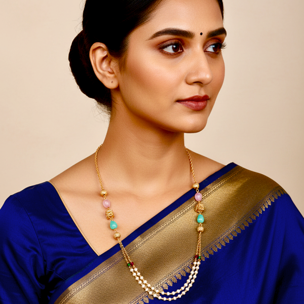Traditional Gold-Plated Layered Necklace Set with Pink and Blue Beads, Crystal Embellishments, 45cm Chain Length, Religious Theme for Women